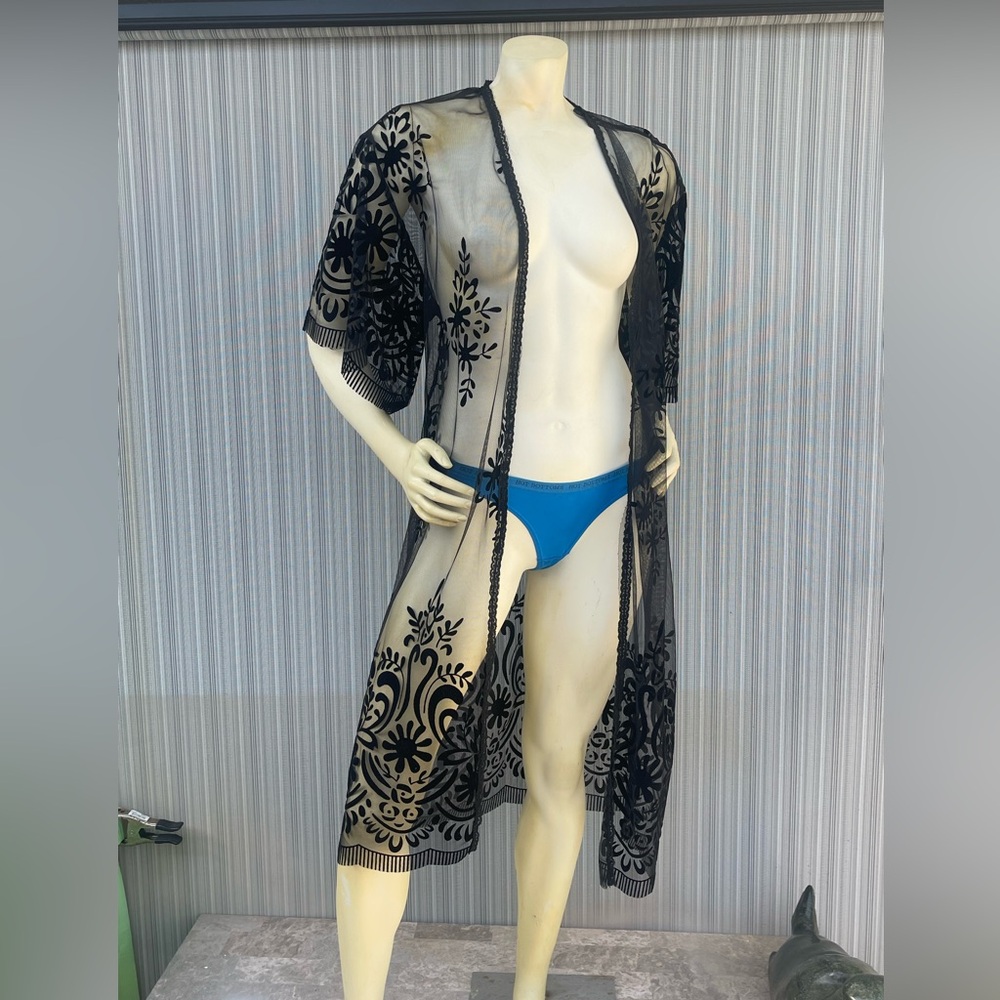 RIO SEXY BEACH COVER Black Sheer Floral Kimono Cover-Up NWT SIZE MEDIUM - Picture 5 of 13